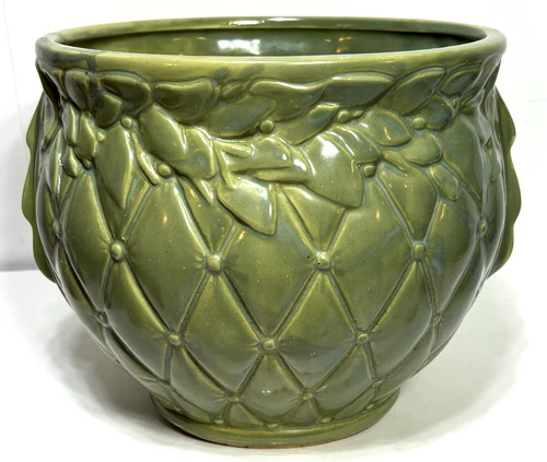 Vintage McCoy “USA” Pottery Jardiniere Quilted Diamond and Leaves Green
