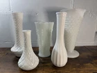Lot 5 Vintage Milk Glass Vases Hobnail Diamond Swirl Mixed Styles