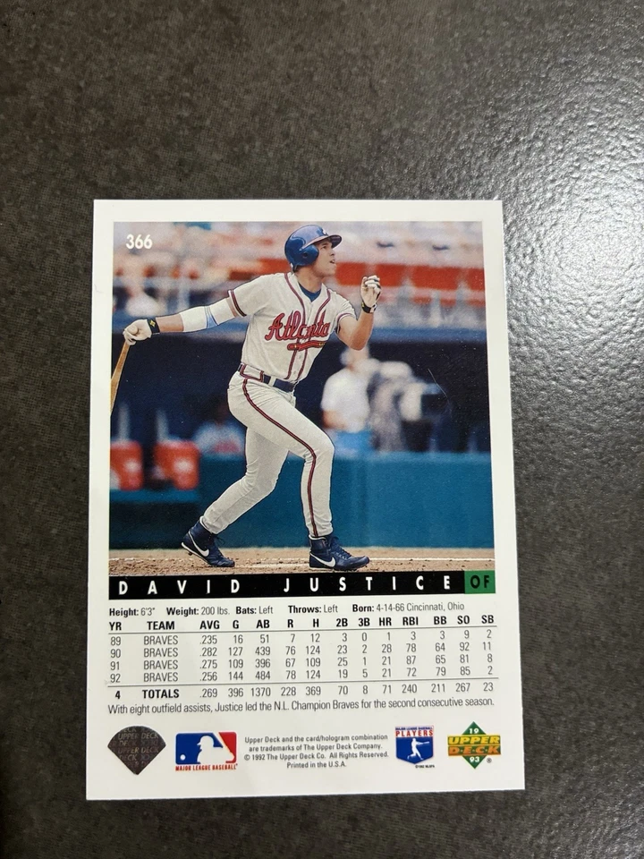 1993 Upper Deck - David Justice #366 - Image 2 of 2
