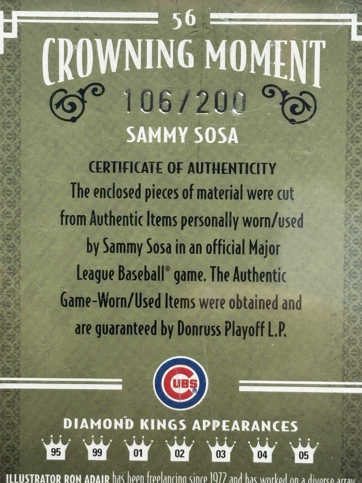 SAMMY SOSA LEGEND CERTIFIED GENUINE AUTHENTIC GAME USED BAT & JERSEY CARD /200 view 3
