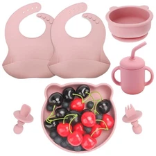 Silicone Baby Feeding 7 Pc Set Suction Plate Bowl Spoon Fork Bibs Sippy Cup New