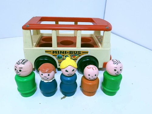 Minibus Fisher Price vintage 1969 e due piccole persone verdi - Foto 1 di 12