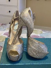 Blue Betsey Johnson SB-Kiss Champagne Peep Toe Bridal Prom Rhinestone Heels 7