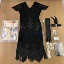Women's Small Black Sequin Fringe Flapper Dress Accessory Set 9 Pieces New