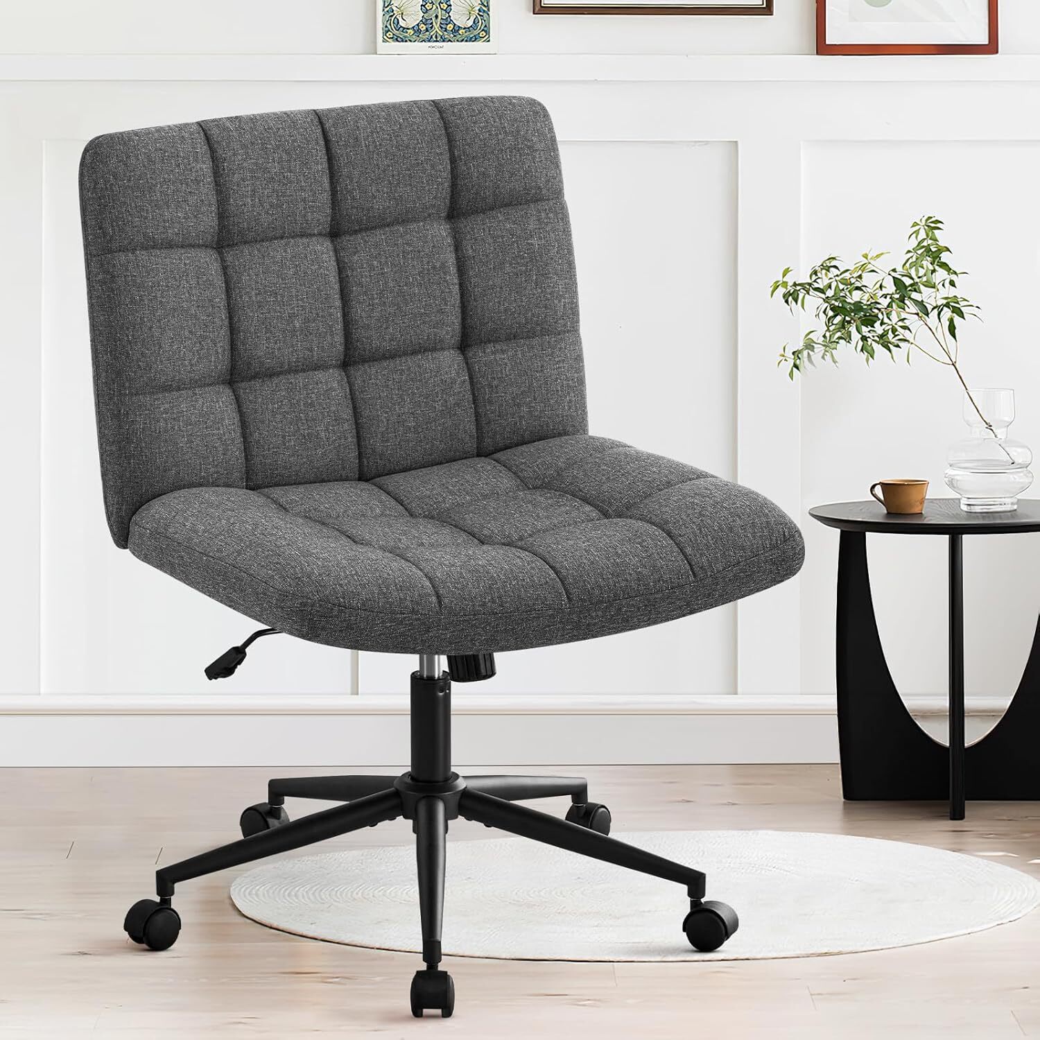 Furniliving Armless Office Desk Chair, Linen Fabric Padded Swivel Chair,Darkgrey