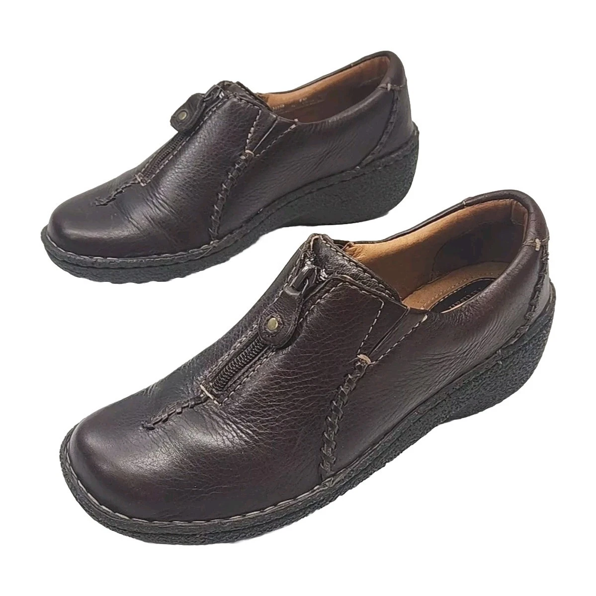 Scarpe mocassino Clarks Artisan pelle marrone zip 2 25" zeppa tacco misura 8 comode