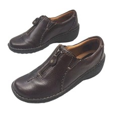 Clarks Artisan Loafer Shoes Brown Leather Zip 2.25" Wedge Heel Size 8 Comfort