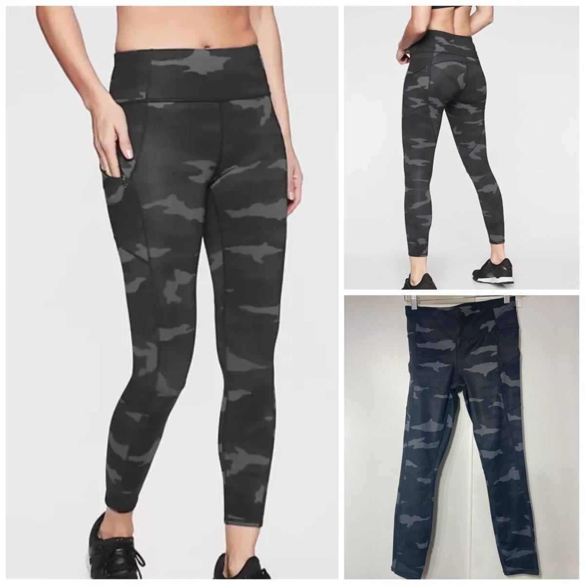 ATHLETA GRAY CAMO CONTENDER 7/8 TIGHT Women's LEGGINGS Zip Side