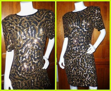 Vtg 80s Black Gold SEQUINS Beads Embroidery SILK Evening Formal Sheath Dress M