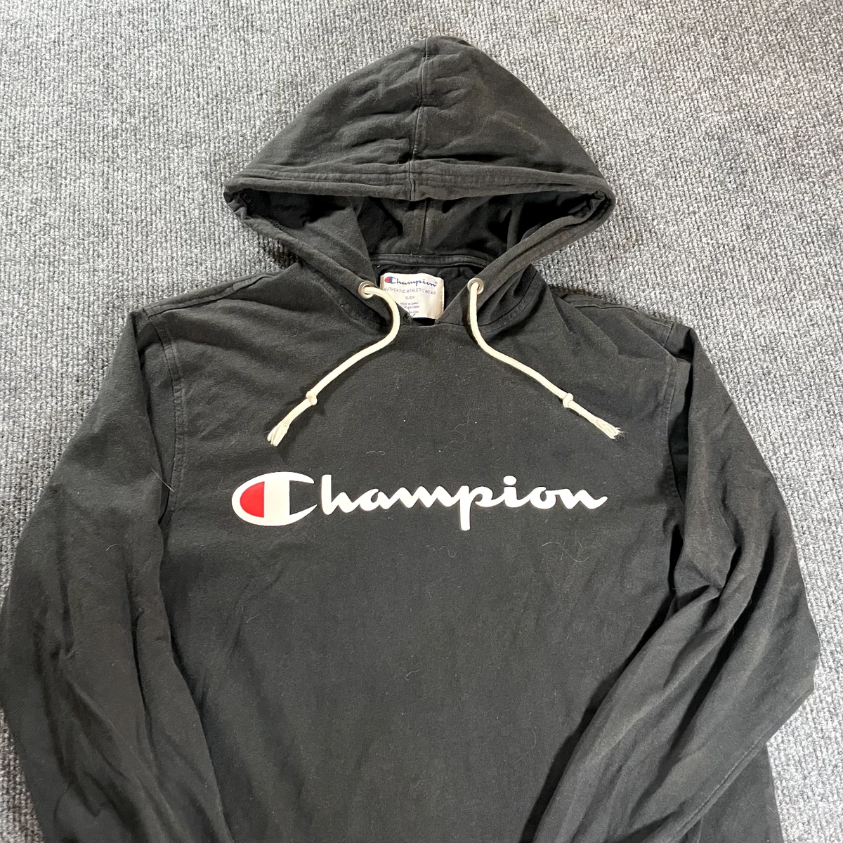 Black champion hoodie small logo sale