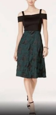 Donna Ricco Cold Shoulder Satin Jacquard Fit Flare Dress Emerald Sz 4 Msrp $128