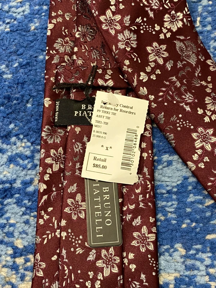 NEW Bruno Piatelli Burgundy Gray Silver Floral Handmade Silk Necktie - Image 4 of 4