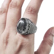 NATURAL BLACK RUTILE 925 STERLING SILVER OTTOMAN ARABIC DESIGNER HEAVY MENS RING