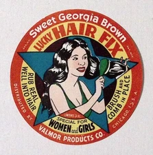 Sweet Georgia Brown Lucky Hair Fix Valmor Products 3" Vintage Label for Tin