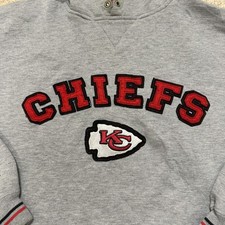 Vtg Kansas City Chiefs NFL Hoodie L/XL Grey Sweatshirt Red Sleeve Stripes