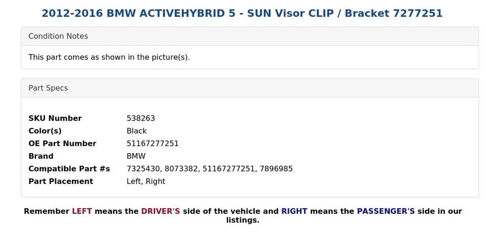 2012-2016 BMW ACTIVEHYBRID 5 - CLIPE/suporte para viseira solar 7277251 - Imagem 3 de 3