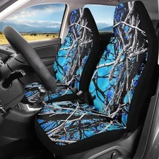 Blue Camo Oak Hunting Print Car Seat Covers, 2 Packs Camo Oak Hunting Blue