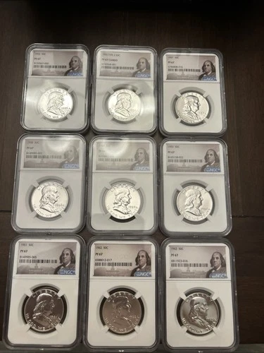 1955-1963 PF Franklin Half Dollars 9-Coin Set NGC PF 67  NOTE 1959 PF66