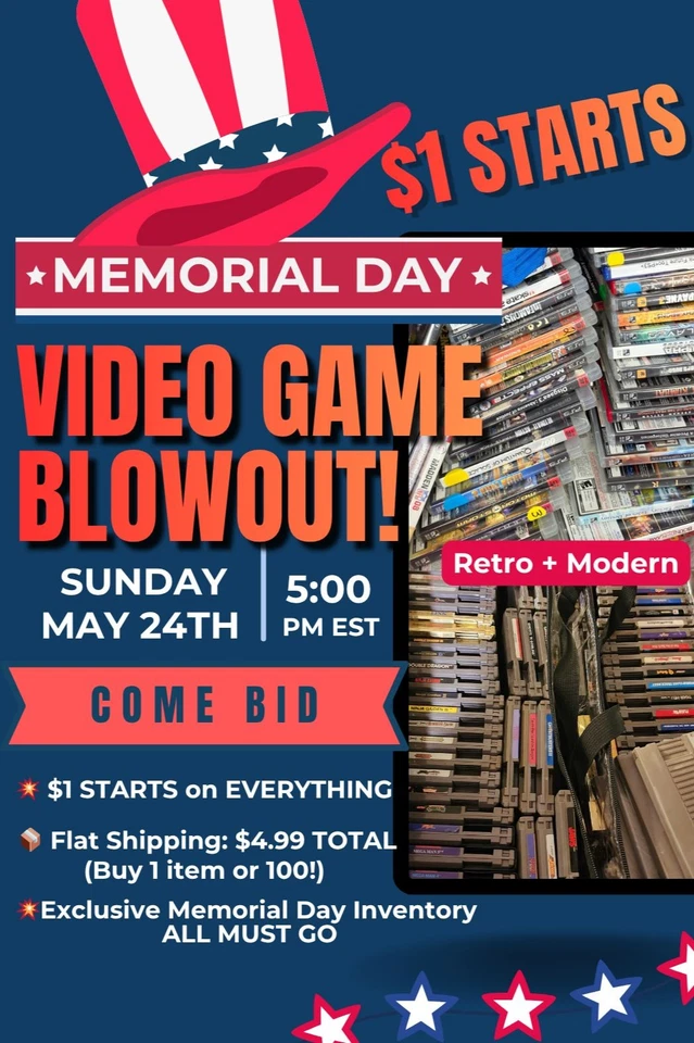 RETRO GAMES + MODERN🔥SUNDAY Memorial Day Weekend NES, Genesis, Switch, PS5