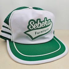 Vintage USA MADE 3 STRIPE Puffy Print Sebeka Furniture Trucker Hat Snapback Cap