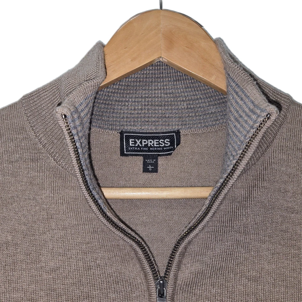 Express Men’s Merino Wool Quarter Zip Sweater  |  Taupe  |  Large - Image 4 of 4