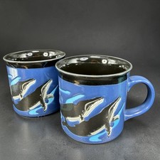 Vintage Otagiri Japan Humpback Whale Mugs Set 2 Blue Stoneware T Taylor Relief