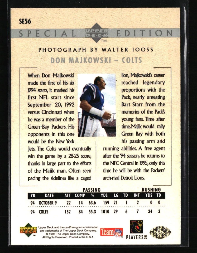 Don Majkowski 1995 Upper Deck #SE56 FOOTBALL Card - Image 2 of 2