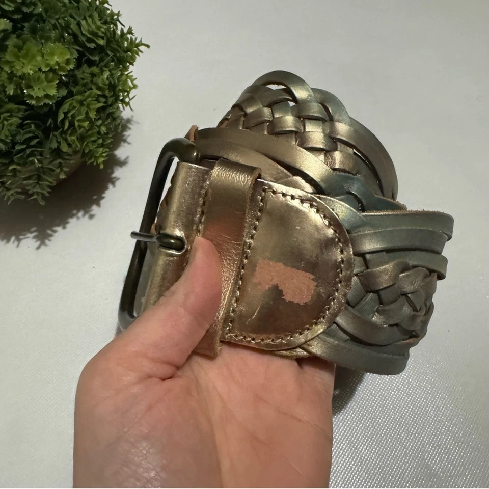 Vintage Express Genuine Leather Wide Corset Braided Belt Gold Size Large - Image 2 of 4