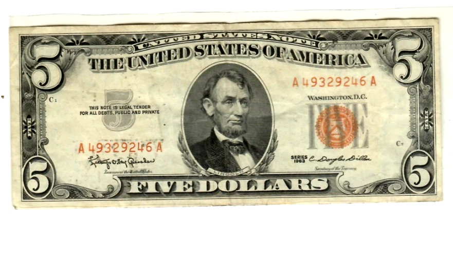 $5 "UNITED STATES NOTE" 1963  (ALTERED)   $5  1963 (YELLOW)  UNITED STATES NOTE - Image 2 of 3