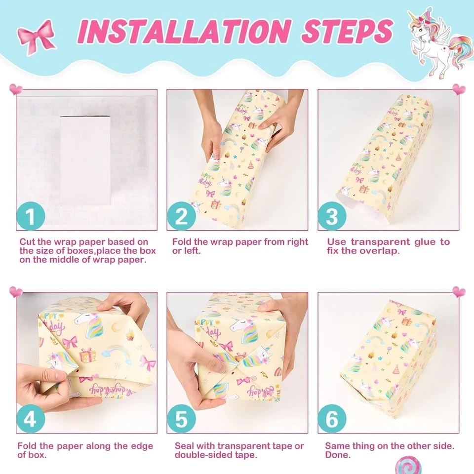 Encantador papel de envolver unicornio - 3 rollos, 17” x 120” para cumpleaños mágicos Foto 3 de 4