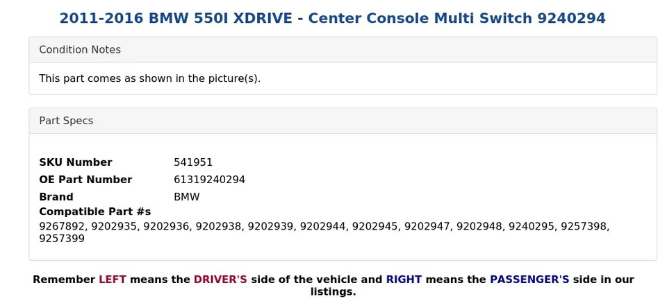 BMW 550I XDRIVE 2011-2016 - Consola central interruptor múltiple 9240294 Foto 4 de 4
