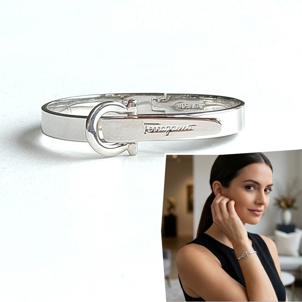 Salvatore Ferragamo Silver Gancini Bangle Bracelet Iconic Logo