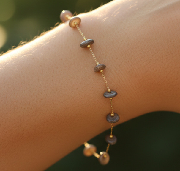 Boho Smokey Topaz Beaded Bracelet | 14K Gold Plated Minimalist Chain Bracelet