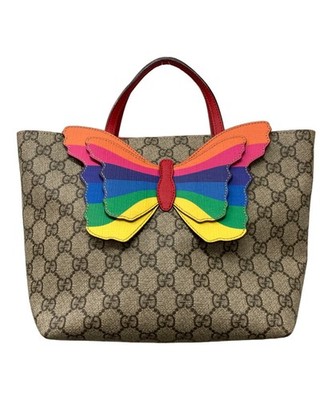 GUCCI GG Supreme Canvas rainbow Butterfly tote Bag Handle leather