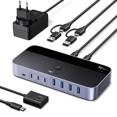 USB Umschalter 2x PC KVM Switch 10Gbps mit Fernbedienung, 7 Ports, USB-C Kabel