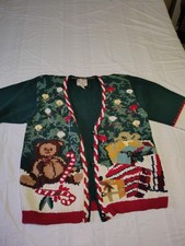 Vintage Tiara Sweater Cardigan Womens Medium Green Christmas Teddy Bear 90s