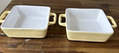 VTG Yellow Ceramic Baking Dishes Set 2 Mini Casserole Ramekins Handles