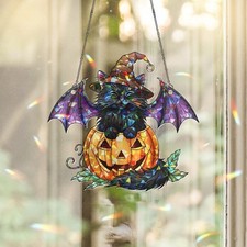 Halloween Stained Glass Bat Cat Suncatcher, Pumpkin Witch Hat Window Hanging