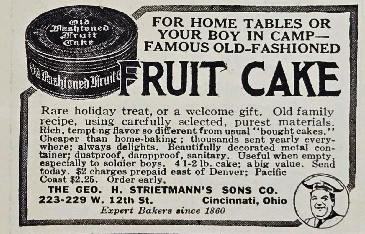 George H. Strietmann's Sons Fruit Cake Print Ad 1917 - Cincinnati OH Boy in Camp