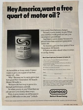 1979 Conoco Motor Oil Print Ad Hey America Free Quart New Generation All Season