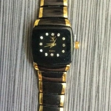 Geneva Women's Rectangle Watch Black Dial Crystal Hours on Black & Gold Band New