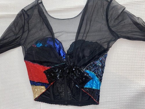 VTG Lady Marlene Upcycled Hand Sewn Patchwork Sequin Corset Sheer Top Size 34 - Picture 7 of 11