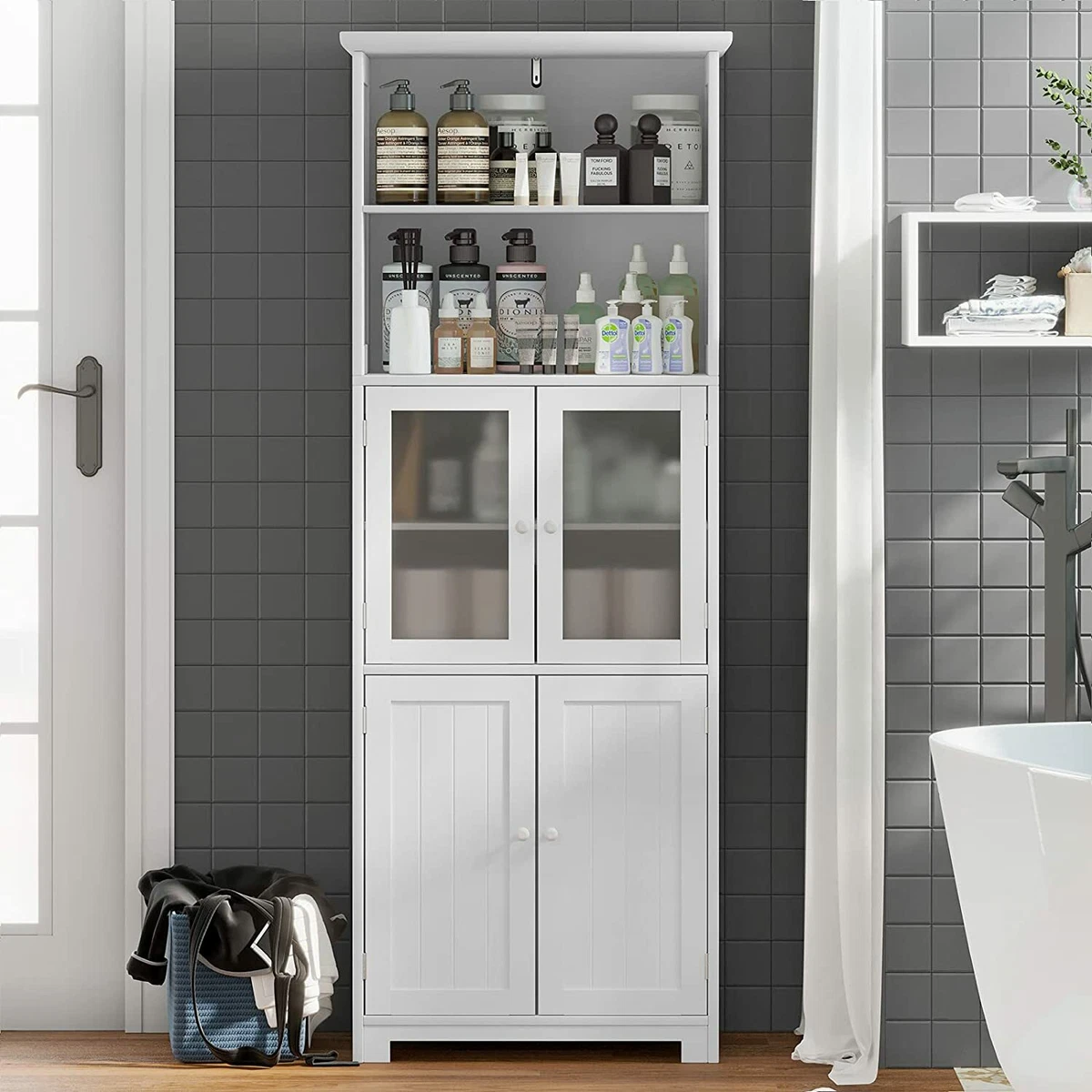 64 Tall Bathroom Storage Cabinet Large Floor Cabinet with 2 Open  Compartments