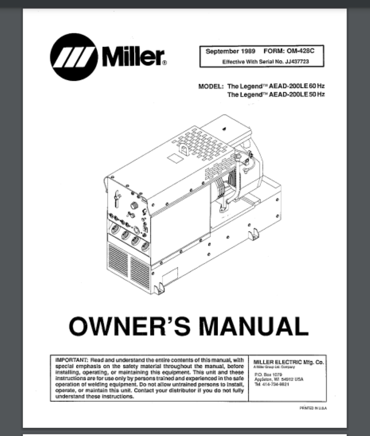 A110A2ページ Miller Legend AEAD-200LE 60/50-Hz Welder Owner & Parts Manual Book