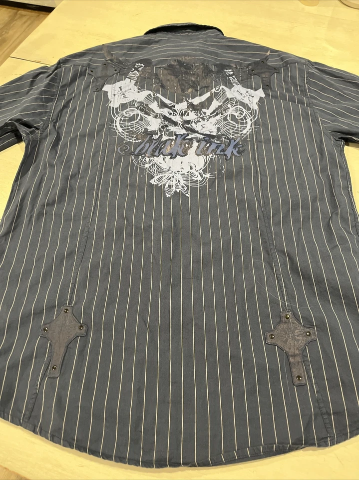 Camisa Para Hombres Tinta Negra Abotonada Manga Larga Azul Gris Rayas Algodón Talla L Foto 3 de 4