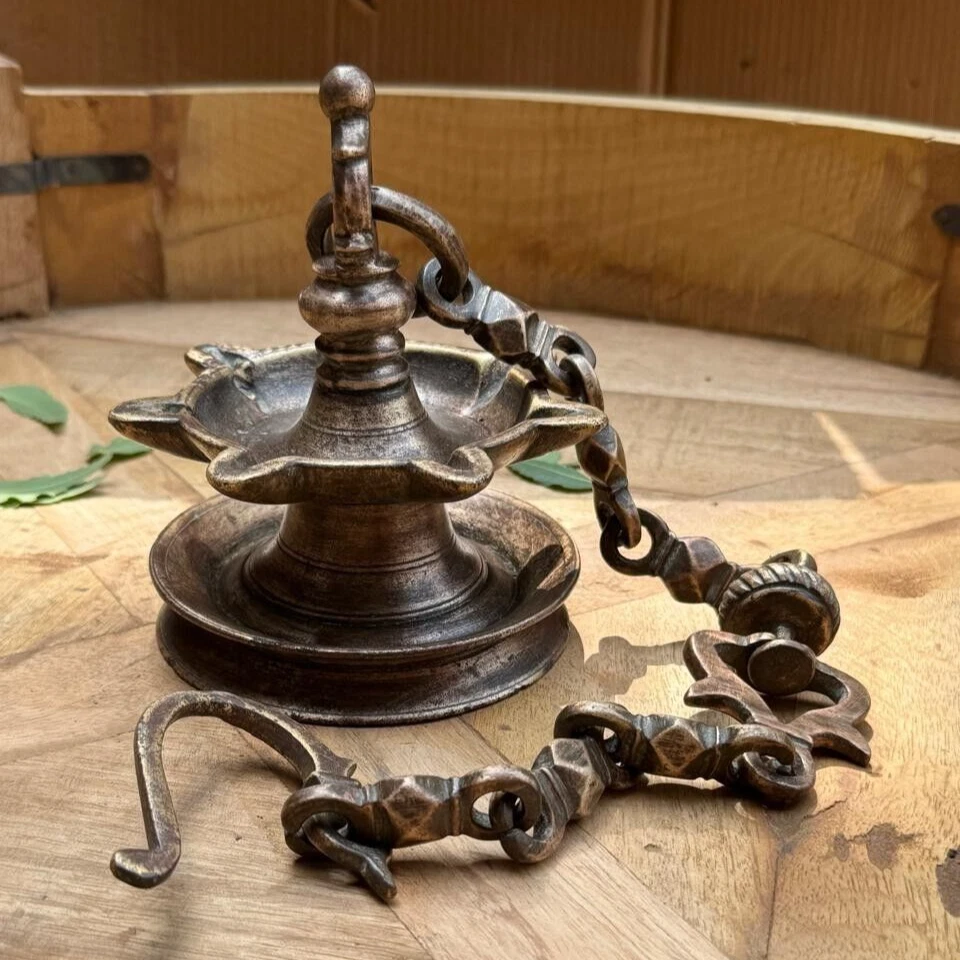 Antique Brass Hanging Diya Oil Light Lamp With Chain Original Old Fine Engraved - Image 3 of 4