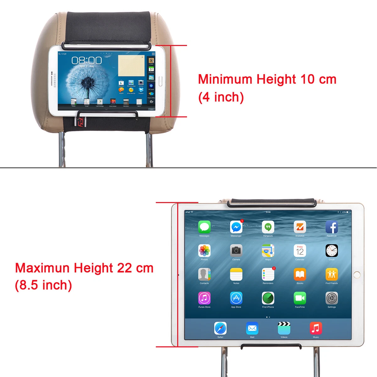Universal Car Headrest Mount Holder with Angle- Adjustable Holding Clamp - 12.9"