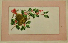 A Merry Christmas  Bell & Holly Scene Embossed White Border Postcard A7