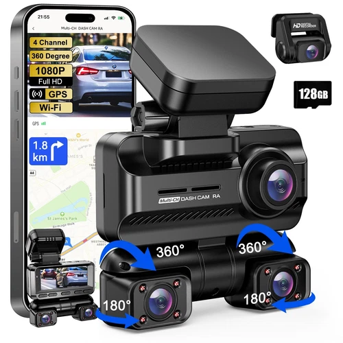 Dash Cam 4 Channel 360° 4K HD Wi-Fi&GPS Dashcams,24H Parking Mode 128GB Card