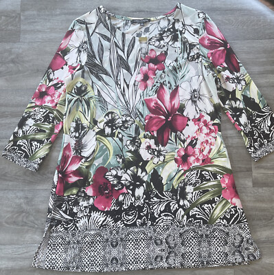 Linea Domani Size L Long Tunic Or Mini Dress Floral Key Hole Stretch